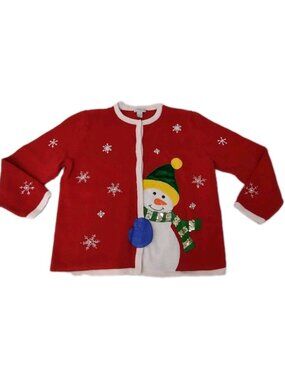 Mercer Street Studio Cardigan Sweater Bottoms Snowman Beaded Red Vintage